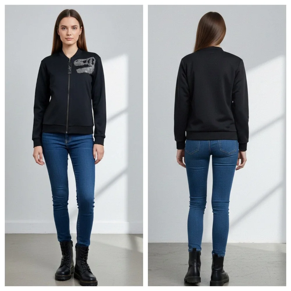 New Arieta Bomber Women Black Beaded Dinosaur Skull Athleisure Sz M Grunge NWT - Picture 12 of 17